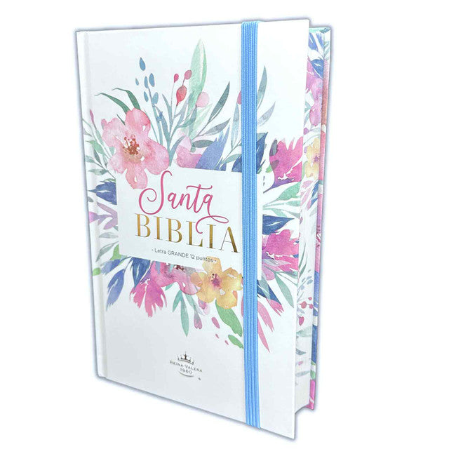 Biblia Letra Grande 12 puntos para Mujer RV1960 tapa dura celeste floral con elástico - The Perfect Gift