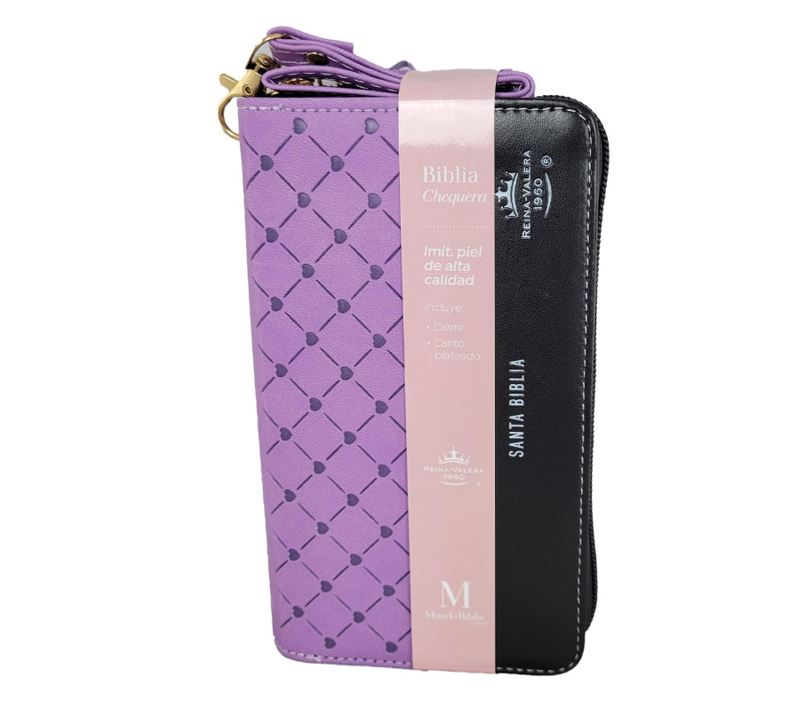 Biblia Chequera para Mujeres RV1960 morada y negro pequeña con lazo y agarradera de mano - The Perfect Gift