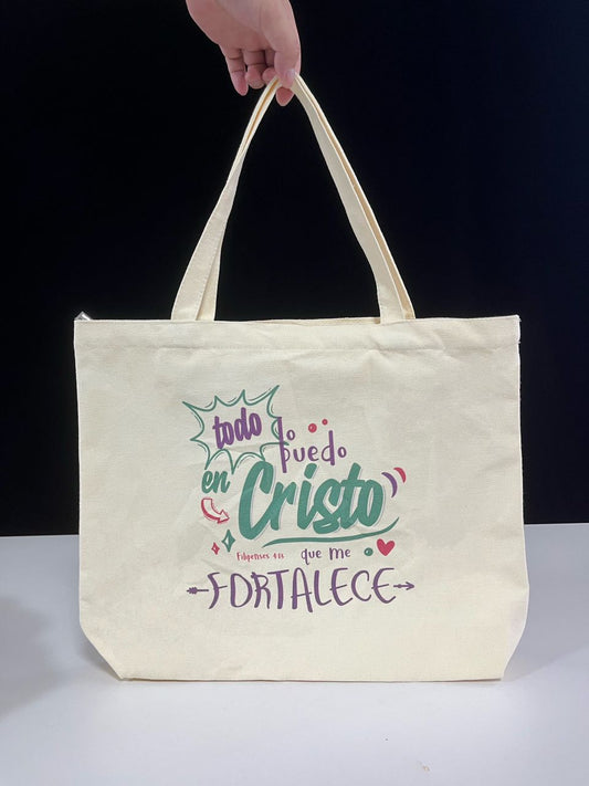 Bolsa Tote Bag de Algodón con Cierre : Todo lo puedo en Cristo - The Perfect Gift