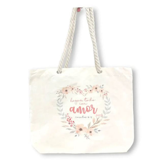 Bolsa Tote Bag  de Algodón con asa Cuerda: Hagan todo con Amor 1 Corintios 16:14 - The Perfect Gift