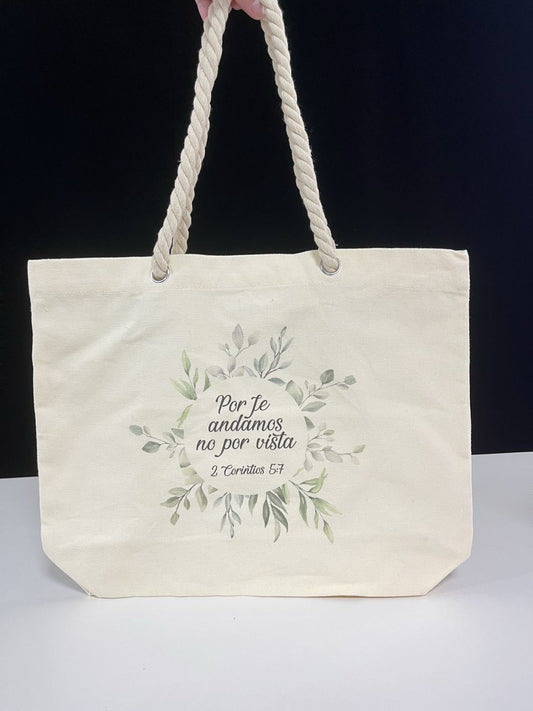 Bolsa Tote Bag de Algodón con asa de cuerda: Por Fe andamos 2 Corintios 5:7 - The Perfect Gift