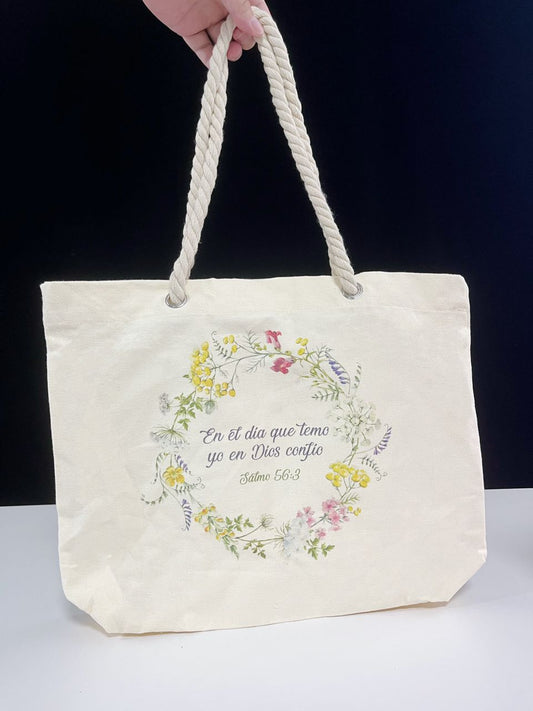 Bolsa Tote Bag de Algodón con asa de Cuerda: En el dia que temo yo en Dios confio Salmo 56:3 - The Perfect Gift