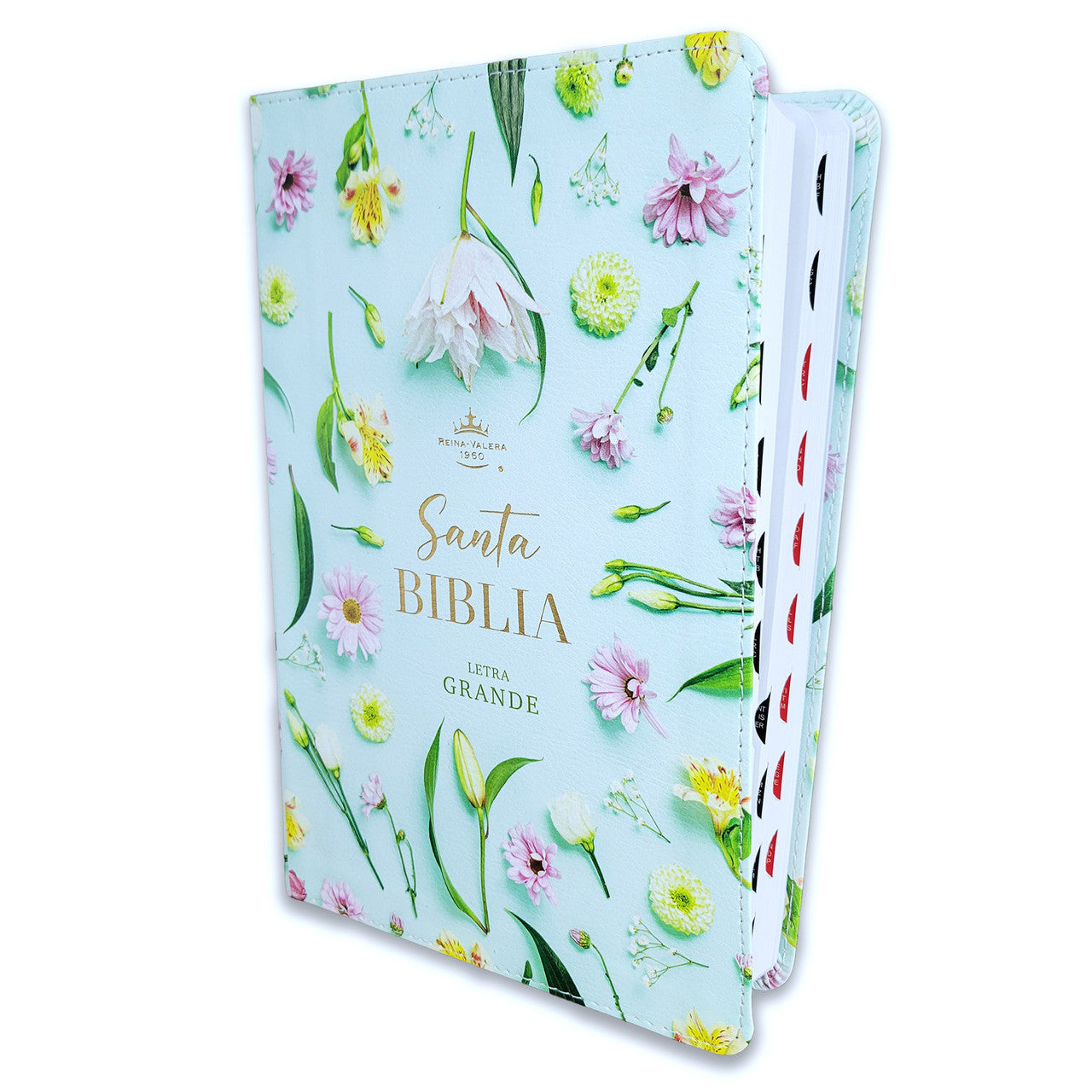 Biblia Letra Grande 12 puntos RV1960 imit piel turquesa floral con índice - The Perfect Gift