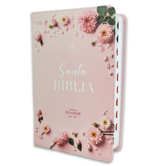 Biblia Letra Grande 12 puntos RV1960 imit piel Rosa Floral con índice - The Perfect Gift