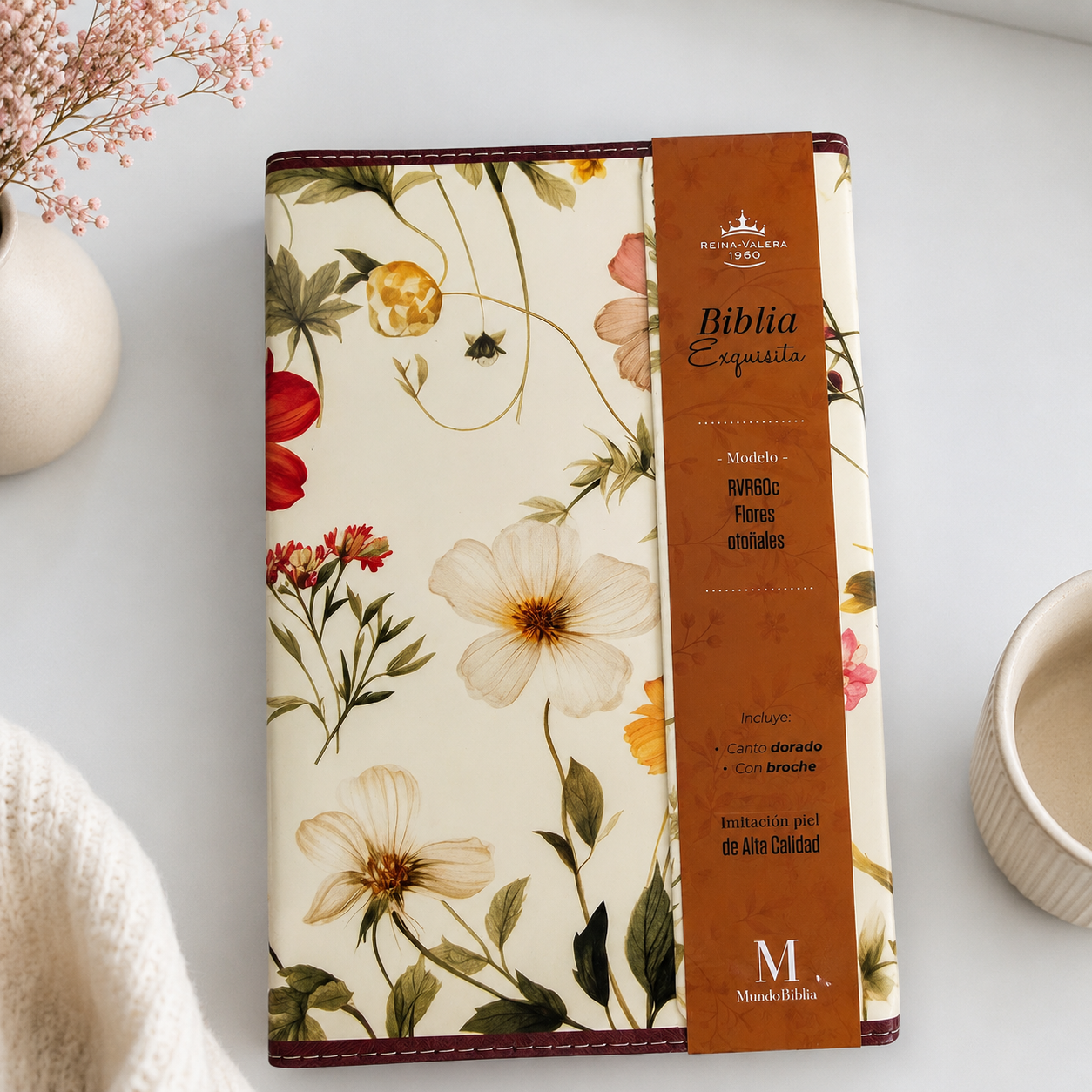 Biblia Exquisita Tamaño Manual con Broche y Asa. Flores Otoñales