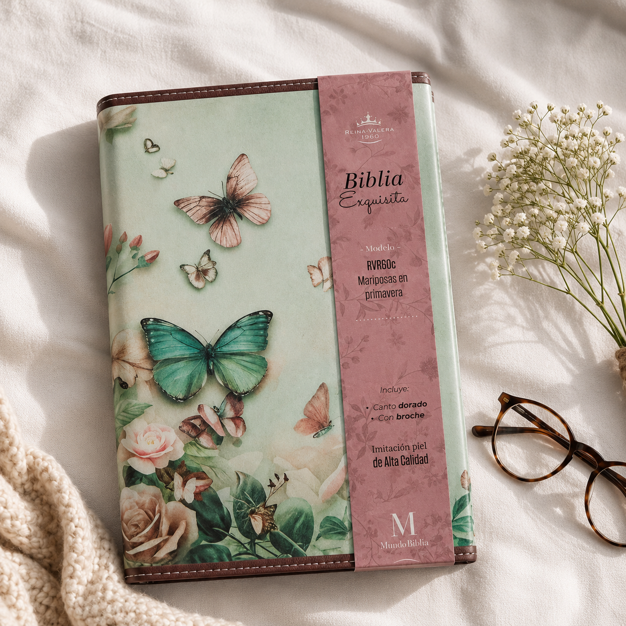 Biblia Exquisita Tamaño Manual con Broche y Asa. Mariposas en Primavera