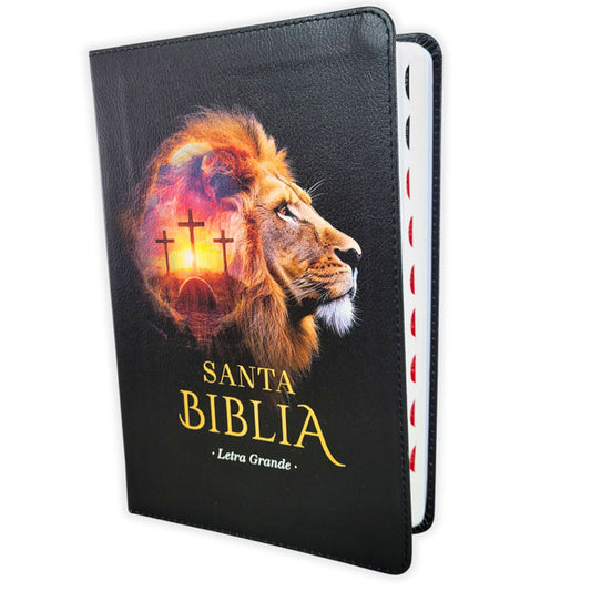 Biblia Letra Grande 12 puntos RV1960, imit piel negro León/Cruces con índice - The Perfect Gift
