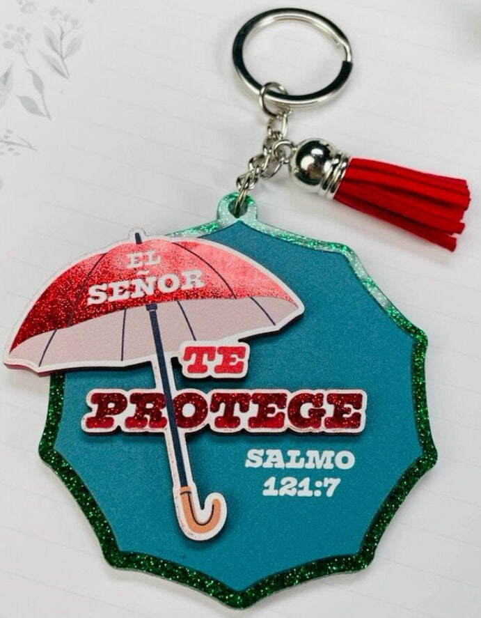 Llavero Caucho con Brillantina | El Señor te Protege - The Perfect Gift