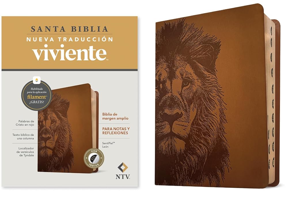 Biblia de margen amplio NTV con Filament (SentiPiel, León, Índice, Letra Roja) (Spanish Edition) cover image