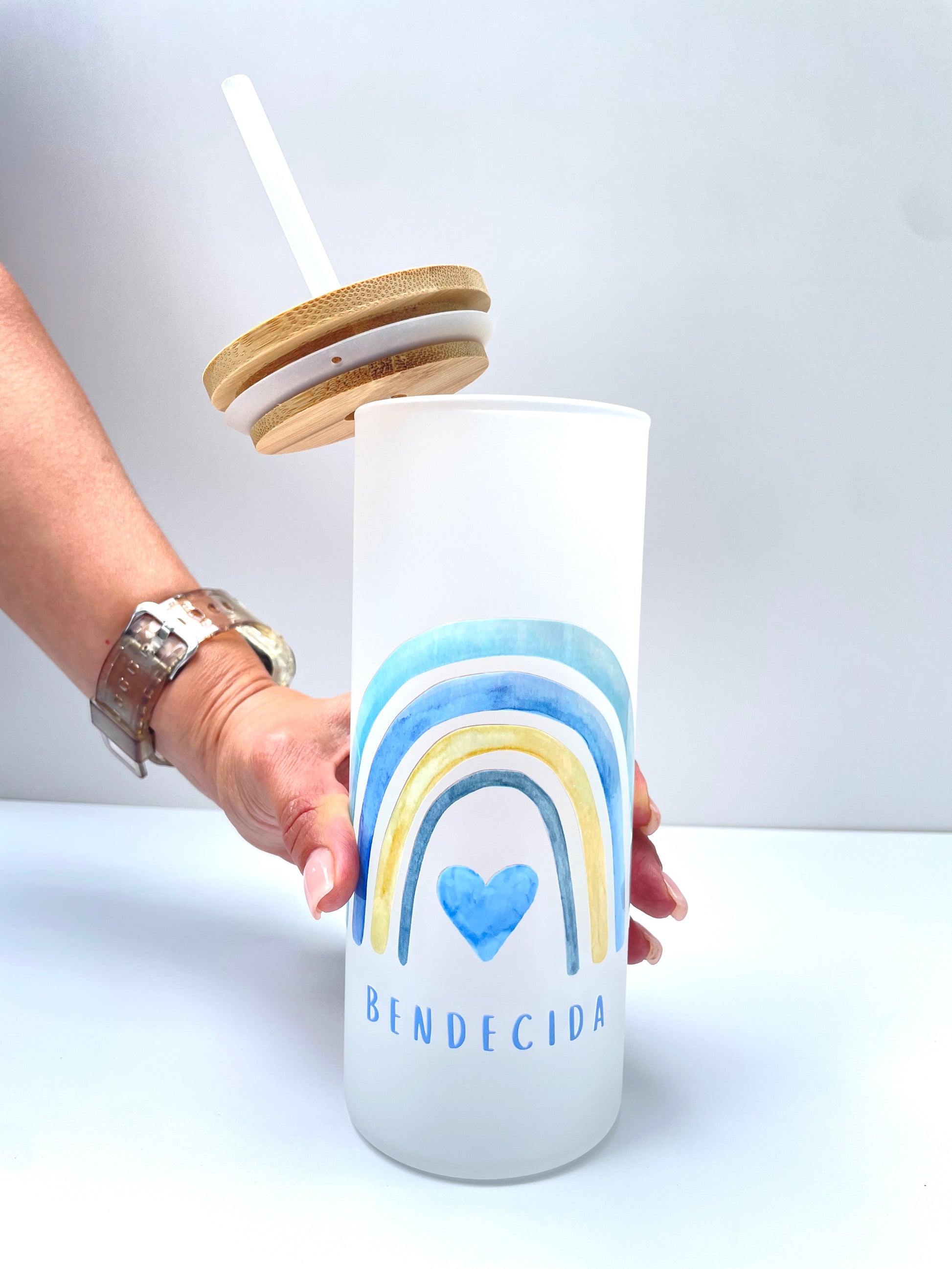 Vaso de Vidrio Blanco Arcoiris - BENDECIDA - The Perfect Gift