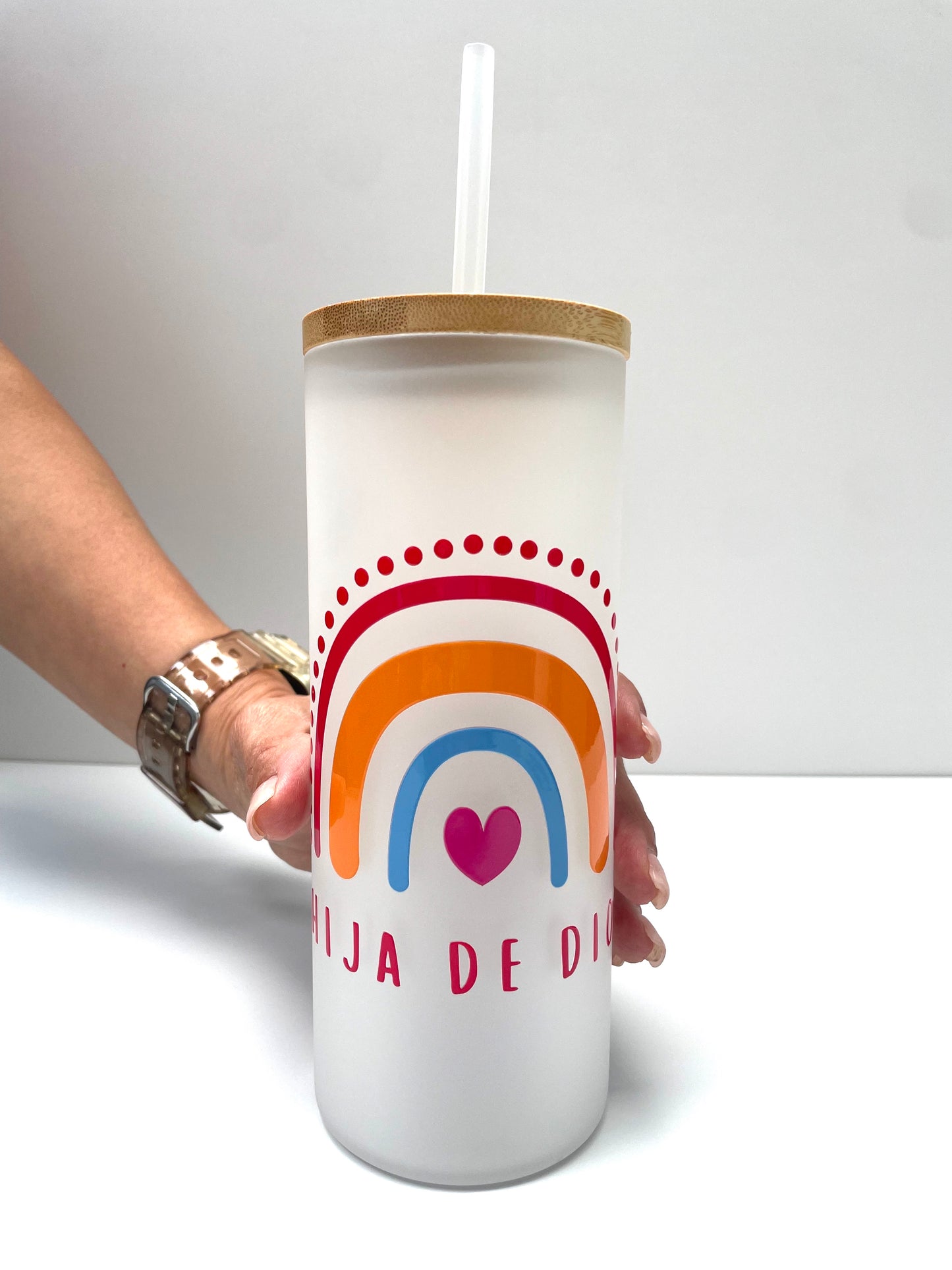 Vaso de Vidrio Blanco Arcoiris - Hija de Dios - The Perfect Gift