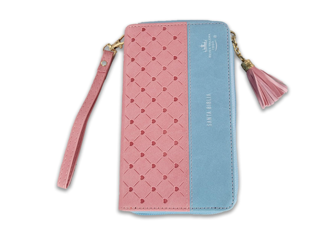Biblia Chequera para Mujeres RV1960 rosada y celeste pequeña con lazo y agarradera de mano - The Perfect Gift