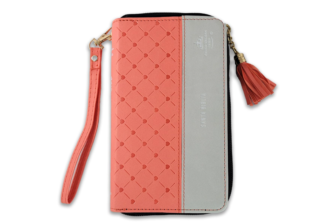 Biblia Chequera para Mujeres RV1960 coral y gris pequeña con lazo y agarradera de mano - The Perfect Gift