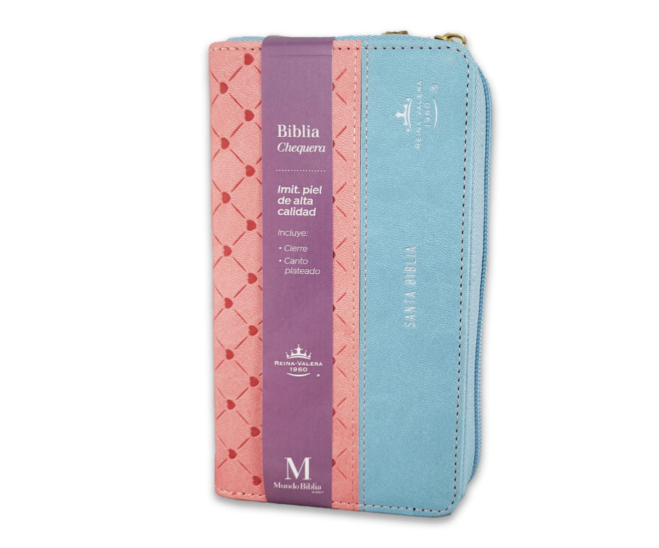 Biblia Chequera para Mujeres RV1960 rosada y celeste pequeña con lazo y agarradera de mano - The Perfect Gift