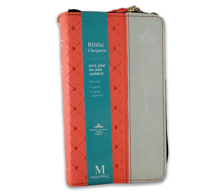 Biblia Chequera para Mujeres RV1960 coral y gris pequeña con lazo y agarradera de mano - The Perfect Gift
